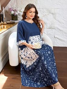 Lacomfia Robe élégante pour femmes grande taille, manches mi-longues, patchwork floral discret, col rond, style décontracté pour le travail et les vacances - Multicolore - Voir 4