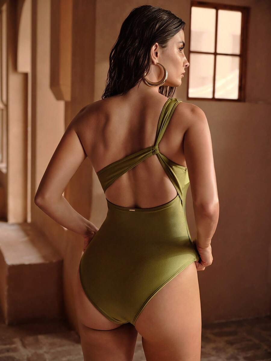 MOTF PREMIUM WOMEN'S MINIMALIST ELEGANT ASYMMETRIC ONE-SHOULDER DESIGN BACK CUTOUT BEACH VACATION ONE-PIECE SWIMSUIT - Green - View 1