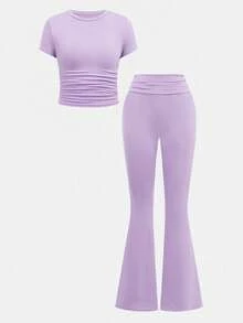 SHEIN Girlism 青少年女孩休閒日常修身淺藍色抓皺圓領上衣與腰部抓皺喇叭褲套裝 - 紫色 - 查看 9