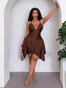 Slaydiva Spring Summer Party Evening Rave Valentine's Day Elegant Sexy Solid Chocolate Brown Halter Neck Asymmetrical Hem Ruched A-Line Dress Women's Plus Size - Brown - View 6