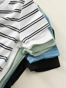 SHEIN 男女通用新生兒嬰兒男嬰女嬰 5件/套 春夏休閒百搭 素色與條紋高彈力羅紋短袖連身衣套裝，易穿脫嬰兒連身衣，服裝套裝 - 彩色 - 查看 4