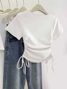 SHEIN Camiseta de manga corta con detalle de cordón en el escote en V, de unicolor, para verano - Blanco - Ver 2