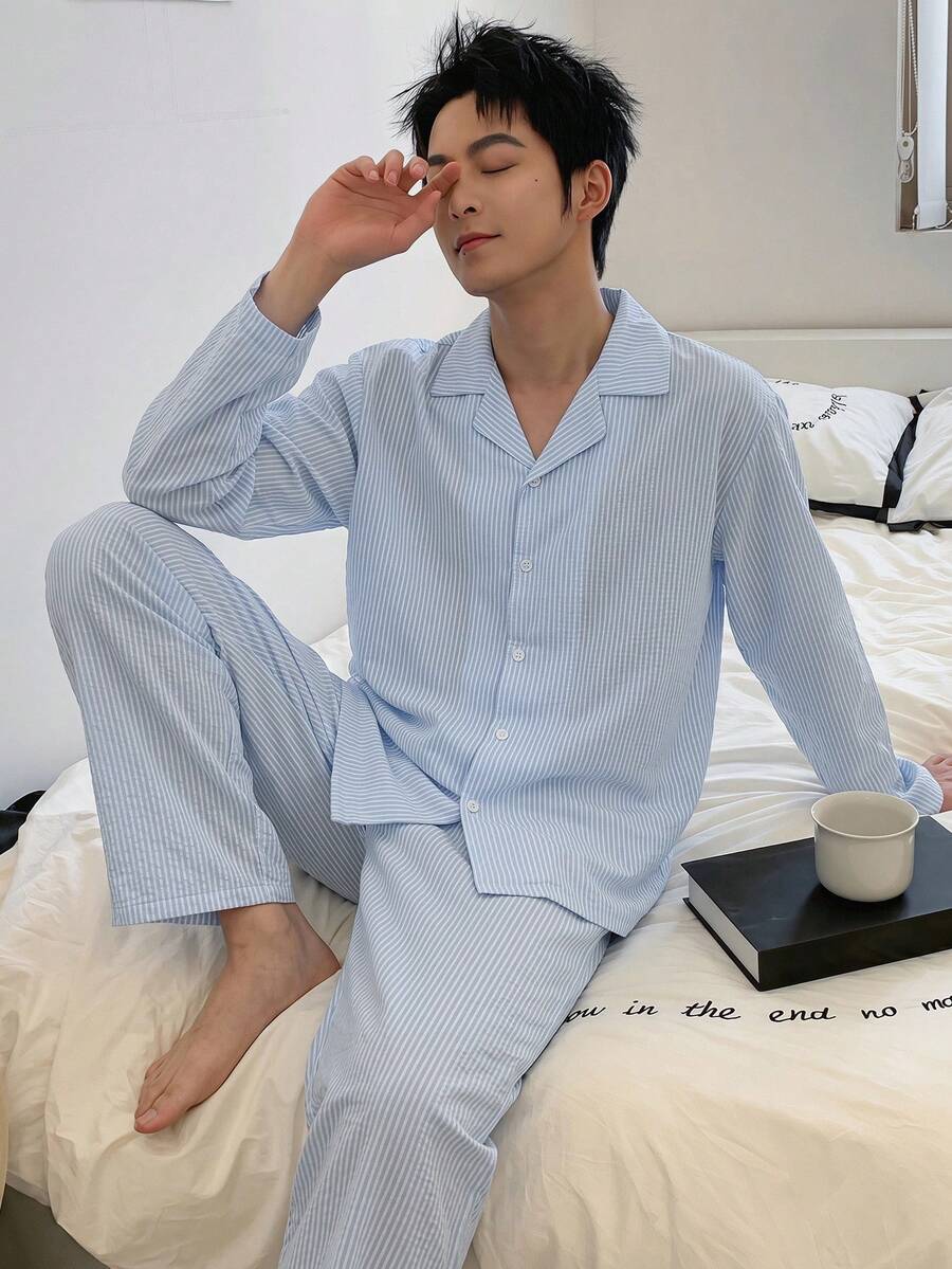 DAZY 長袖條紋布料襯衫搭配長褲男士居家休閒套裝 - 藍色 - 查看 1