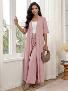 Auveirra 女款優雅休閒通勤度假簡約素色長版開襟外套與寬鬆直筒長褲兩件套夏季 - 藕粉色 - 查看 6