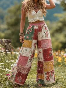 Ceyna Calça Plus Size Feminina Casual Elegante com Estampa Floral Estilo Francês - Multicolorido - Visão 5