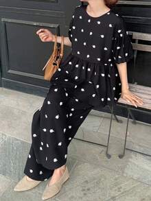 FRIFUL 女款碎花圓領泡泡袖荷葉邊上衣與長褲休閒可愛兩件套 夏季野餐 黑白配色 - 黑色 - 查看 5
