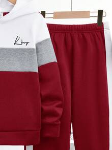 SHEIN Setelan Anak Laki-Laki Remaja Musim Gugur dan Musim Dingin, Hoodie dan Celana Olahraga 2 Potong, Sweatshirt dan Celana Olahraga Warna Blok, Cocok untuk Sekolah, Santai Sehari-hari, Kuliah, dan Olahraga - Burgundy - View 5
