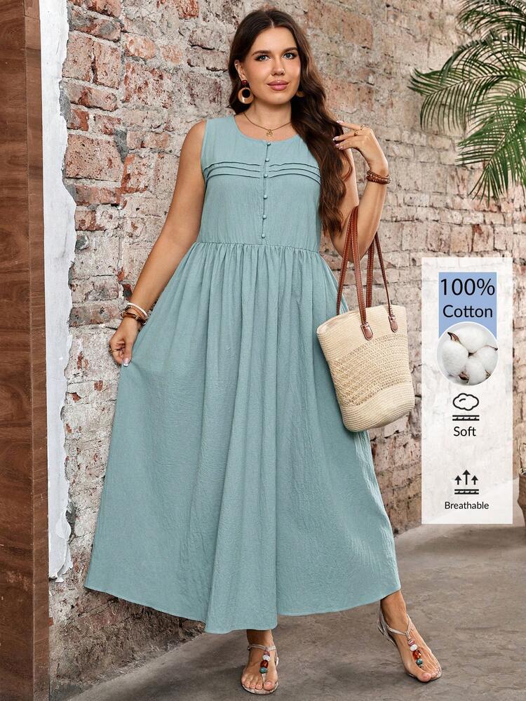 Plus Size Women's Summer Casual Vacation Round Neck Sleeveless Green Dress With Pockets