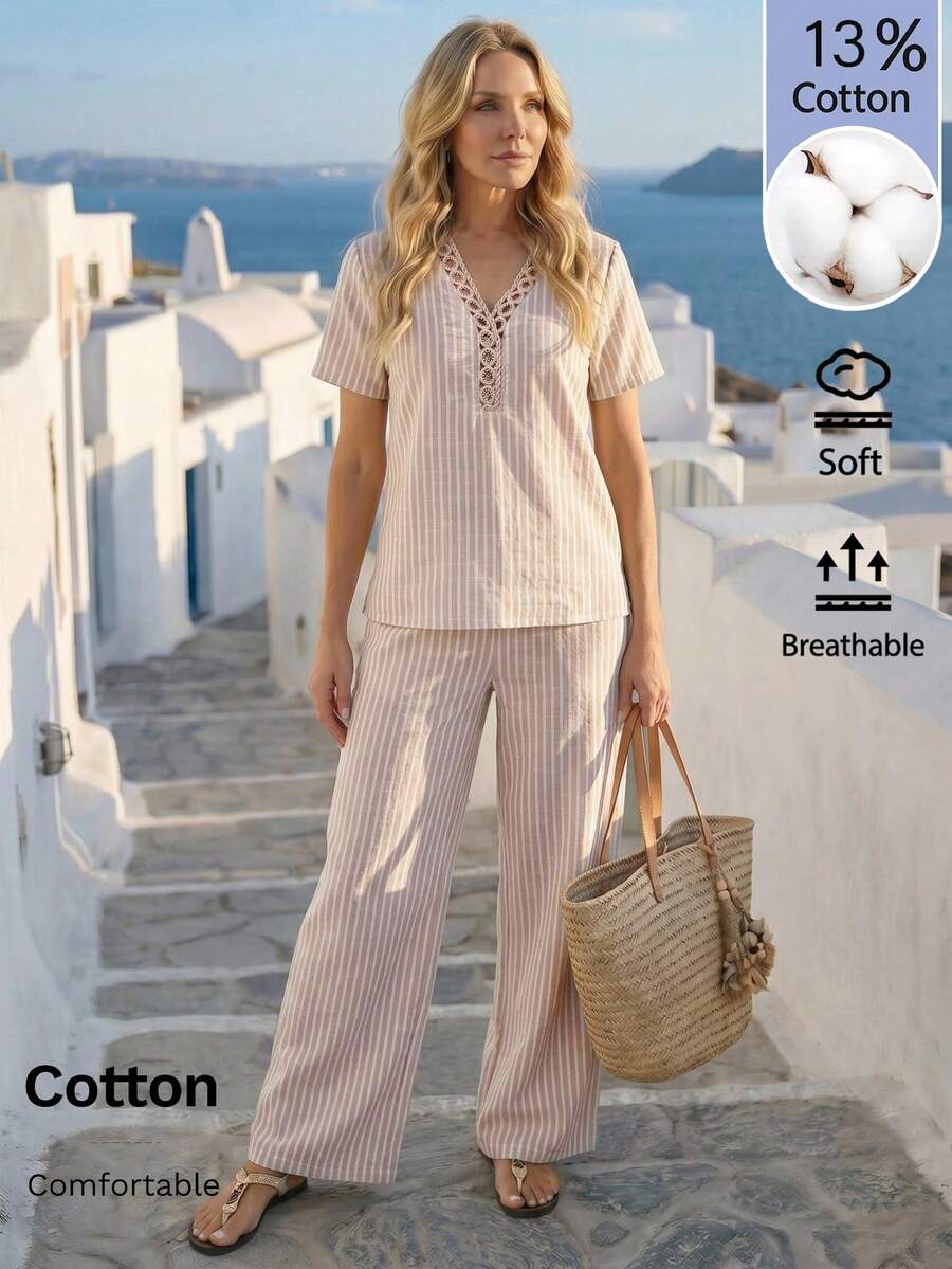 EMERY ROSE Women's Summer Casual Daily Cotton Linen Striped Short-Sleeved Top And Pants Two-Piece Set Casual Cotton Linen Dress, - Navy Blue - View 1