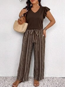 SHEIN Frenchy Plus Size Vacation Casual Solid Color Top And Striped Long Pants 2pcs Set - Brown - View 3