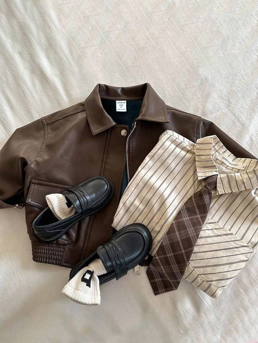 SHEIN 儿童/男孩休闲日常百搭舒适 PU 领贴袋宽松编织厚摩托车夹克，适合上学、花园、海滩、生日、春季、夏季、秋季、冬季 - 銅色 - 查看 1