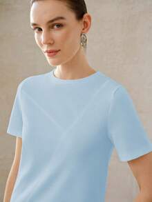 MOTF PREMIUM CAMISETA DE MANGA CORTA CON CUELLO REDONDO DE COLOR UNIDO VERSÁTIL PARA MUJER EN VERANO - Azul - Ver 2