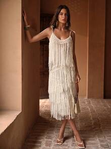 MOTF PREMIUM WOMEN'S EXQUISITE ELEGANT ASYMMETRICAL DESIGN HANDMADE WOVEN TASSEL STRAPS BEACH PARTY LONG COVER-UP DRESS - Apricot - View 6