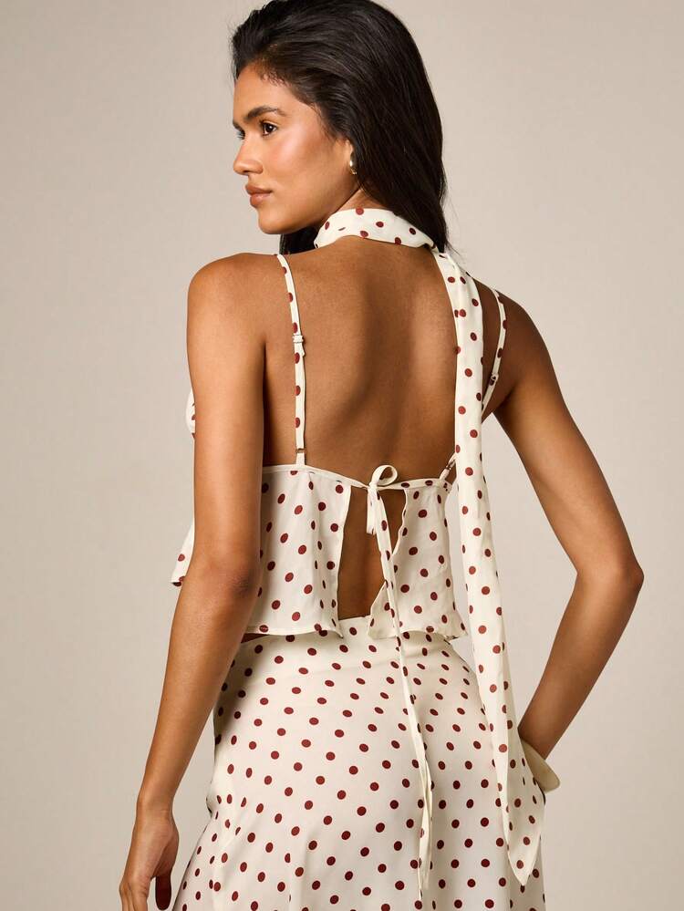 Polka Dot Crop Cami With Ruffle Hem And Scarf