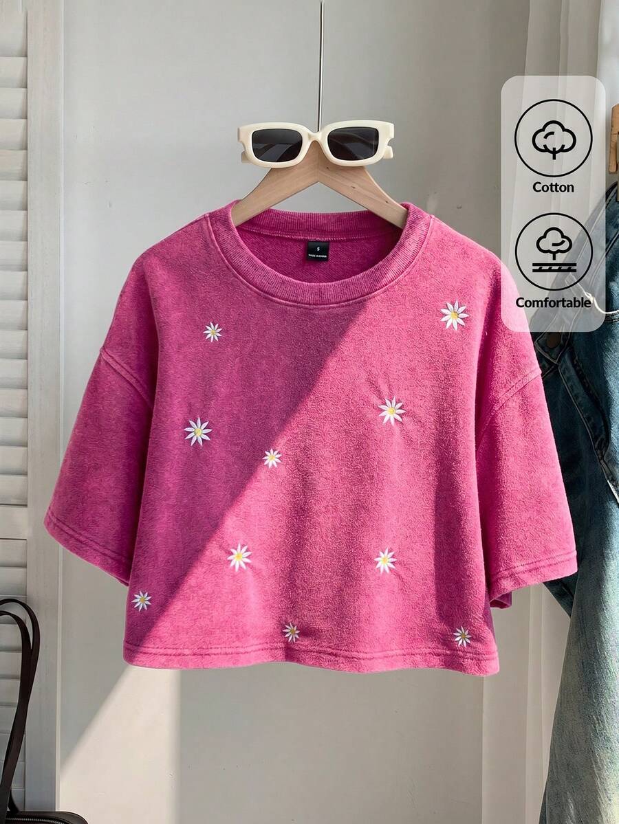 Comfortcana 女款休閒花卉刺繡水洗圓領落肩T恤,夏季上衣,桃紅色 - 玫紅色 - 查看 1