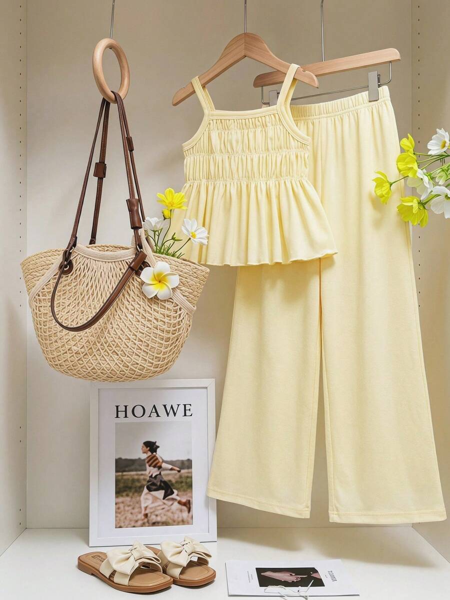 SHEIN Elladie kids 小女孩可爱荷叶边吊带背心和休闲裤套装 - 黃色 - 查看 1