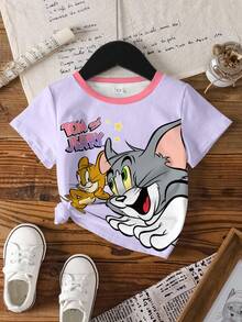 TOM & JERRY X SHEIN 少女卡通印花圓領短袖休閒T恤 - 白色 - 查看 8