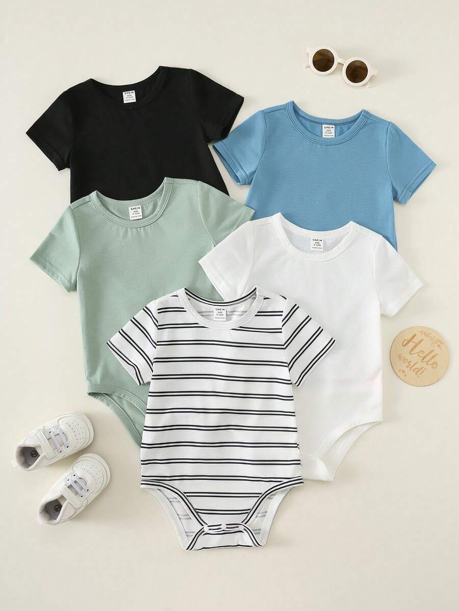 SHEIN 男女通用新生兒嬰兒男嬰女嬰 5件/套 春夏休閒百搭 素色與條紋高彈力羅紋短袖連身衣套裝,易穿脫嬰兒連身衣,服裝套裝 - 彩色 - 查看 1