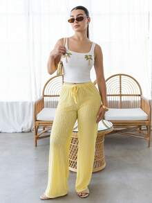 Andrea Bello 2026 Pantalones sueltos de verano con pliegues de moda para mujer, pantalones anchos de pierna suelta con textura de cordón, pantalones anchos de punto casuales, pantalones de playa transparentes para vacaciones, para festival de música y fiesta - Amarillo claro - Ver 4