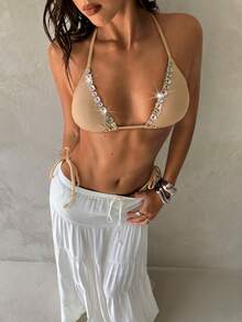 Aloruh 女款夏季新款比基尼套裝 紮染印花圖案 性感派對音樂節 幻彩貝殼裝飾泳衣海灘裝度假穿搭 - 香檳色 - 查看 7