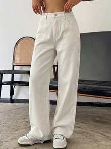 DAZY Casual Versatile Solid Color Straight Leg Denim Jeans - White - View 4