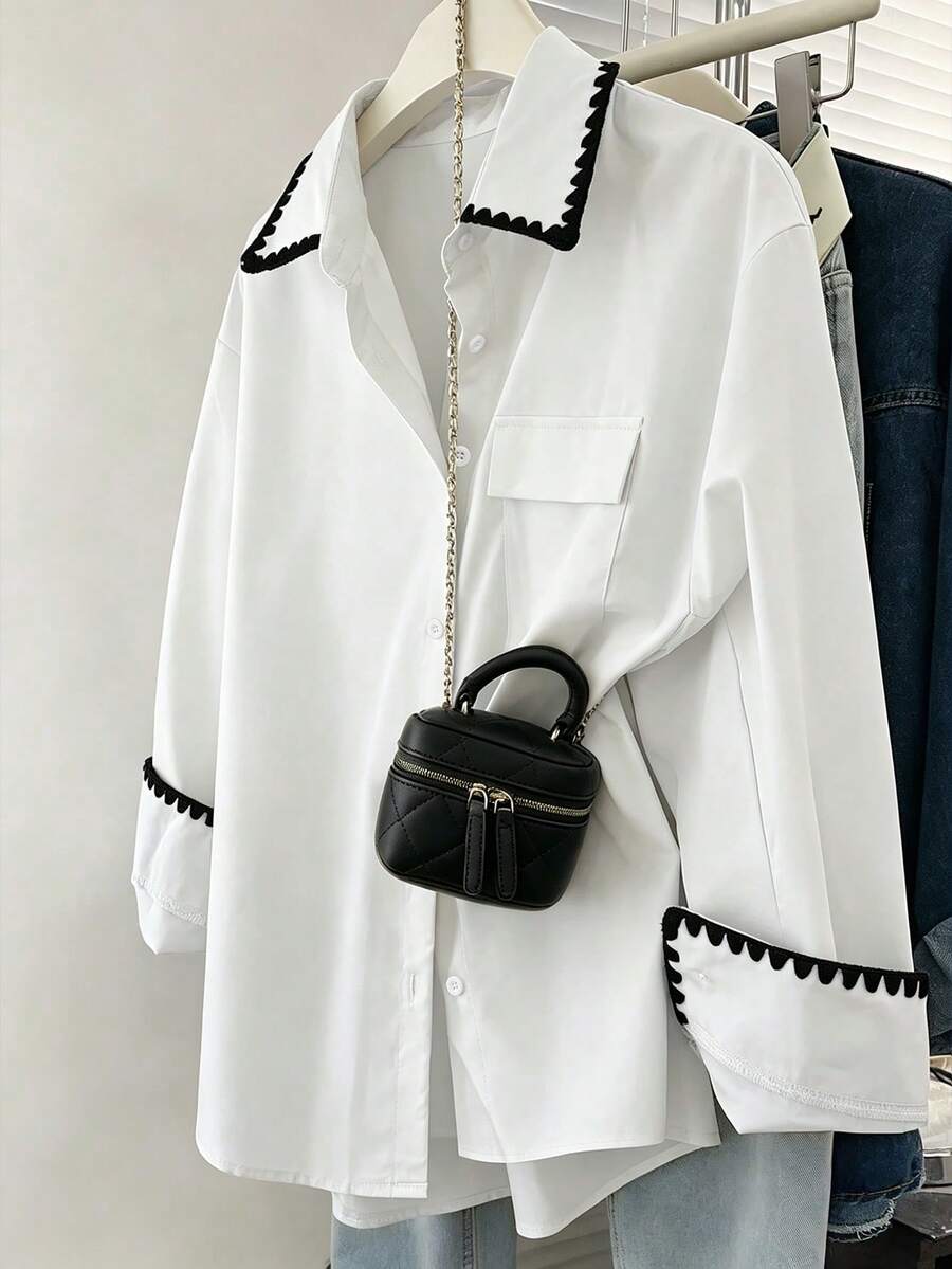 GlowEve 女款花苞飾邊長袖單排釦休閒口袋襯衫 - 白色 - 查看 1