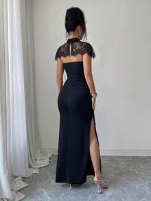 SHEIN Elenzya Fitted Strapless Dress With Lace Stand Collar And Solid Color Cut - Black - View 2