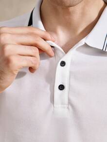 Courvante Men Striped Trim Collar Polo Shirt, For Work Your Tennis And Golf Boyfriend - White - View 6