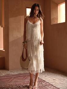 MOTF PREMIUM WOMEN'S EXQUISITE ELEGANT ASYMMETRICAL DESIGN HANDMADE WOVEN TASSEL STRAPS BEACH PARTY LONG COVER-UP DRESS - Apricot - View 5