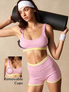 VARSIVA Women's Color Block Polka Dot Print Ultra Short Tank Top And Shorts Sports Set - Pink - View 9