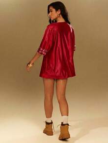 Rhinestone Athletic Oversized Mesh Jersey Tee - Red - View 4