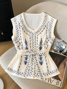 Selianne Women's Sleeveless Waist-Cinched Bow Print Blouse - Multicolor - View 1