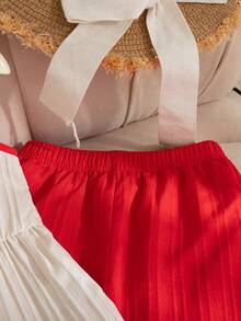 SHEIN Elladie kids 少女夏季海灘度假新款清新田園風精緻櫻桃兩件套杏色拼色裝飾無袖背心上衣 + 紅色寬腿長褲甜美可愛時尚日常穿搭夏季 - 紅色 - 查看 6