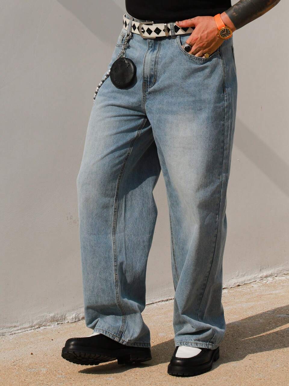 Blue Washed Distressed Long Men's Jeans