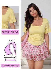 Solflare Áo thun casual đa năng mới Xuân/Hè, phù hợp đi làm, tiệc tùng, lễ hội âm nhạc, tựu trường, du lịch, streetwear, mặc nhà, yoga, fitness, ngắm cảnh, mặc nhiều dịp, có thể mặc ngoài hoặc phối lớp, cổ vuông, tay ngắn bèo, eo chiết, gấu cong, dệt co giãn, màu vàng nhạt, size lớn - Màu vàng ngỗng - Xem 7