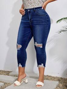 EMERY ROSE Plus Size Casual Distressed Denim Cropped Pants - Dark Wash - View 6