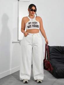 SHEIN PETITE CURVE Plus Size Women's Pocket Wide Leg Loose Casual Versatile Denim Jeans - White - View 6