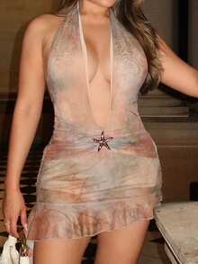 Maria Perezxox 掛脖露背花卉印花洋裝，休閒時尚，適合日常穿著、優雅派對與夏季度假 - 彩色 - 查看 6
