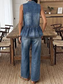 EMERY ROSE EMERY ROSE Women's Pastal Washed Summer Casual Sexy Denim Two-Piece Set, Sleeveless Henley Neck Peplum Top High-Waisted Wide Leg Pants Co-Ord Suit Swimming - Blue - View 2