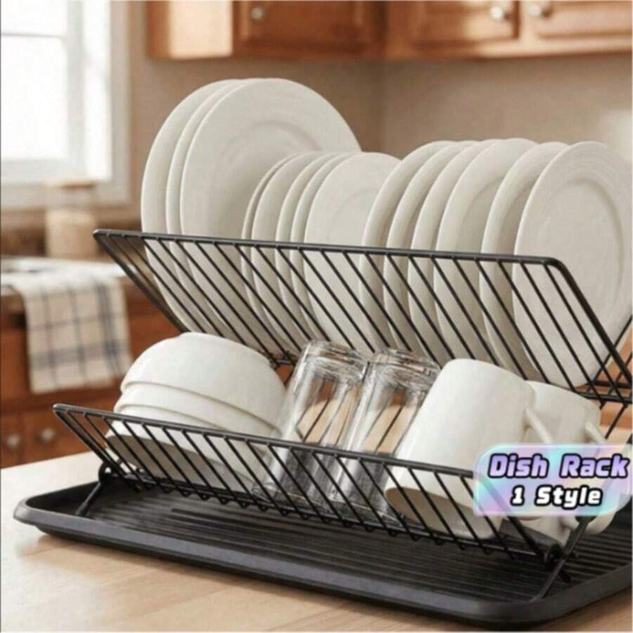 1pc Foldable 2-Tier Metal Kitchen Dish Rack, High Capacity With Removable Drip Tray, Ideal For Small Kitchens, Apartments, Dorms, RVs, For Storing And Drying Plates, Bowls, Cups,  Great For Daily Cooking, Post-Meal Cleaning, Holiday Gatherings, - View 1