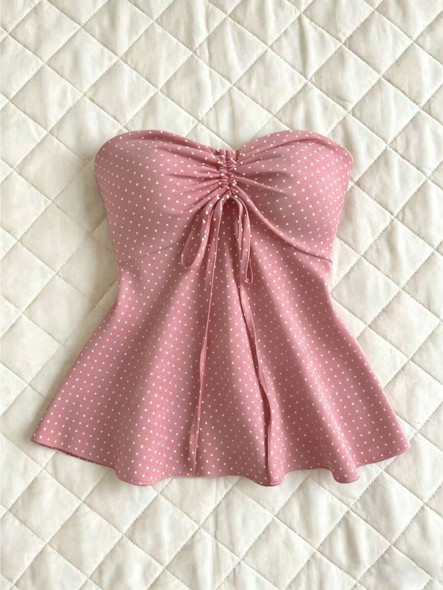 Elamini 女款波點印花收腰A字細肩帶背心上衣,春夏度假粉色波點浪漫可愛風 - 粉色 - 查看 1