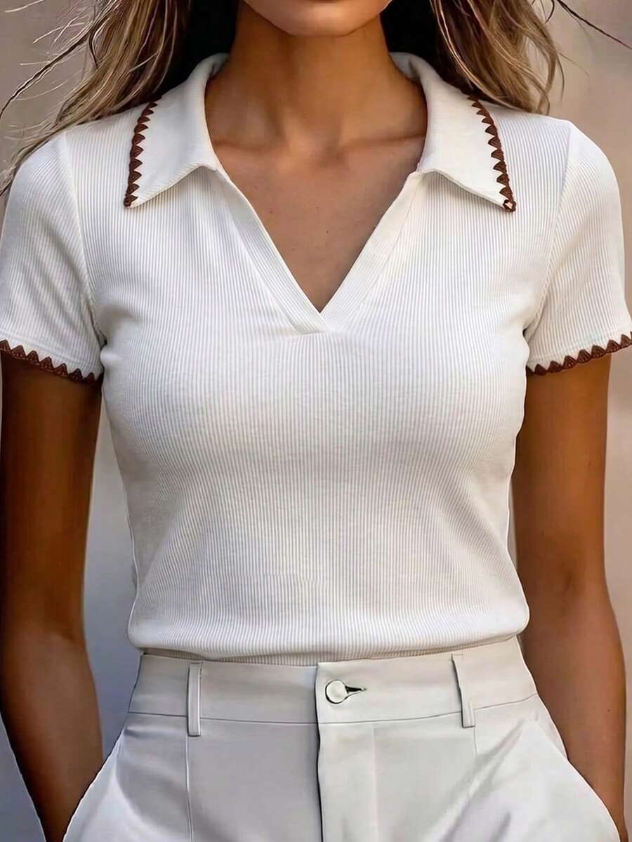 Avenya Polo Collar Wavy Trim Colorblock Knit Pullover Back-To-School School Brown And White Summer Casual - White - View 1