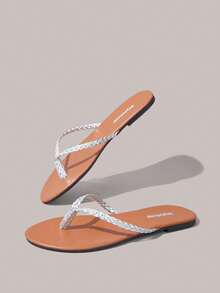 Styleloop Sandal Datar Wanita, Gaya Bohemian, Liburan Pantai, Gaya Barat, Pakaian Musim Panas, Perlengkapan Perjalanan - Perak - View 3