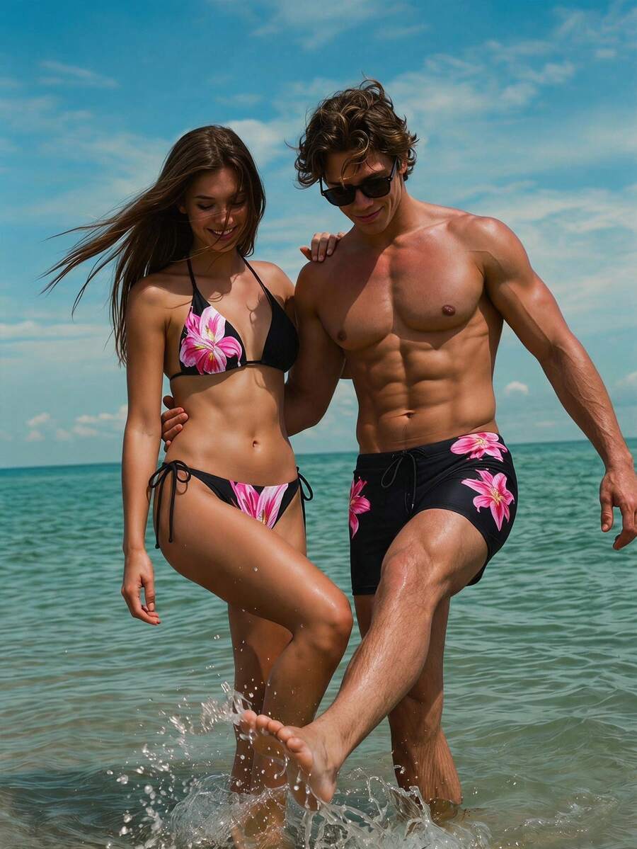 Manfinity Swimmode 夏季男士花卉印花泳褲,黑色飄逸熱帶度假海灘夏威夷泳短褲,適合度假約會情侶 - 黑色 - 查看 1