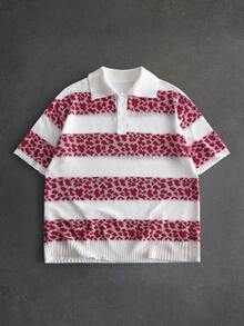 ROMWE MEN Men's Leopard Print Patchwork Striped Knit Top - Hot Pink - View 1