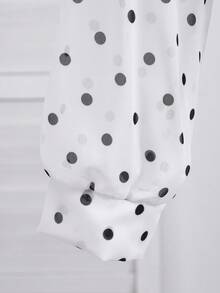 SHEIN 女童法式復古風白色波點長袖襯衫，翻領、前開扣、綁帶下擺、短版設計，夏季休閒薄款開襟衫 - 白色 - 查看 7