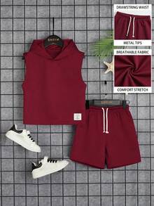 SHEIN Young Boy Letter Patched Detail Hooded Tank Top & Drawstring Waist Shorts - Burgundy - View 4