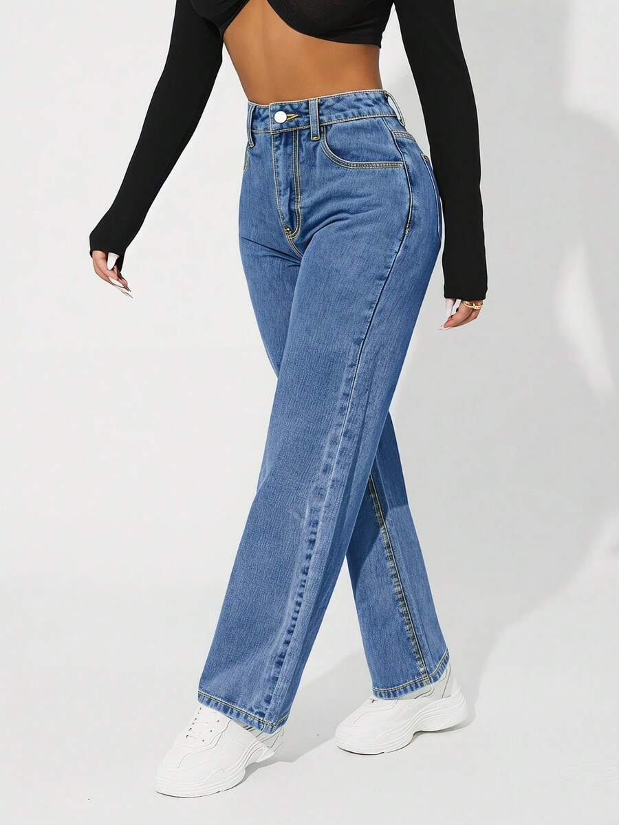 SHEIN PETITE Women's High Waist Pockets Straight Loose Casual Versatile Jeans - Medium Wash - View 1