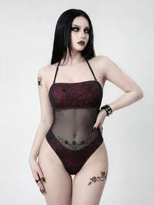 ROMWE Goth 26SS 春夏女款網眼背心式一件式泳衣 - 黑色 - 查看 3