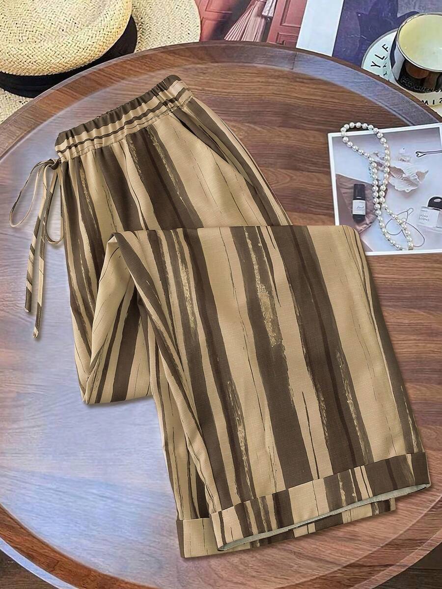 EMERY ROSE Plus Size Women's Vintage Striped Print Wide Leg Pants, Loose Relaxed Fit, Thin Long Pants For Spring And Summer - Khaki - View 1